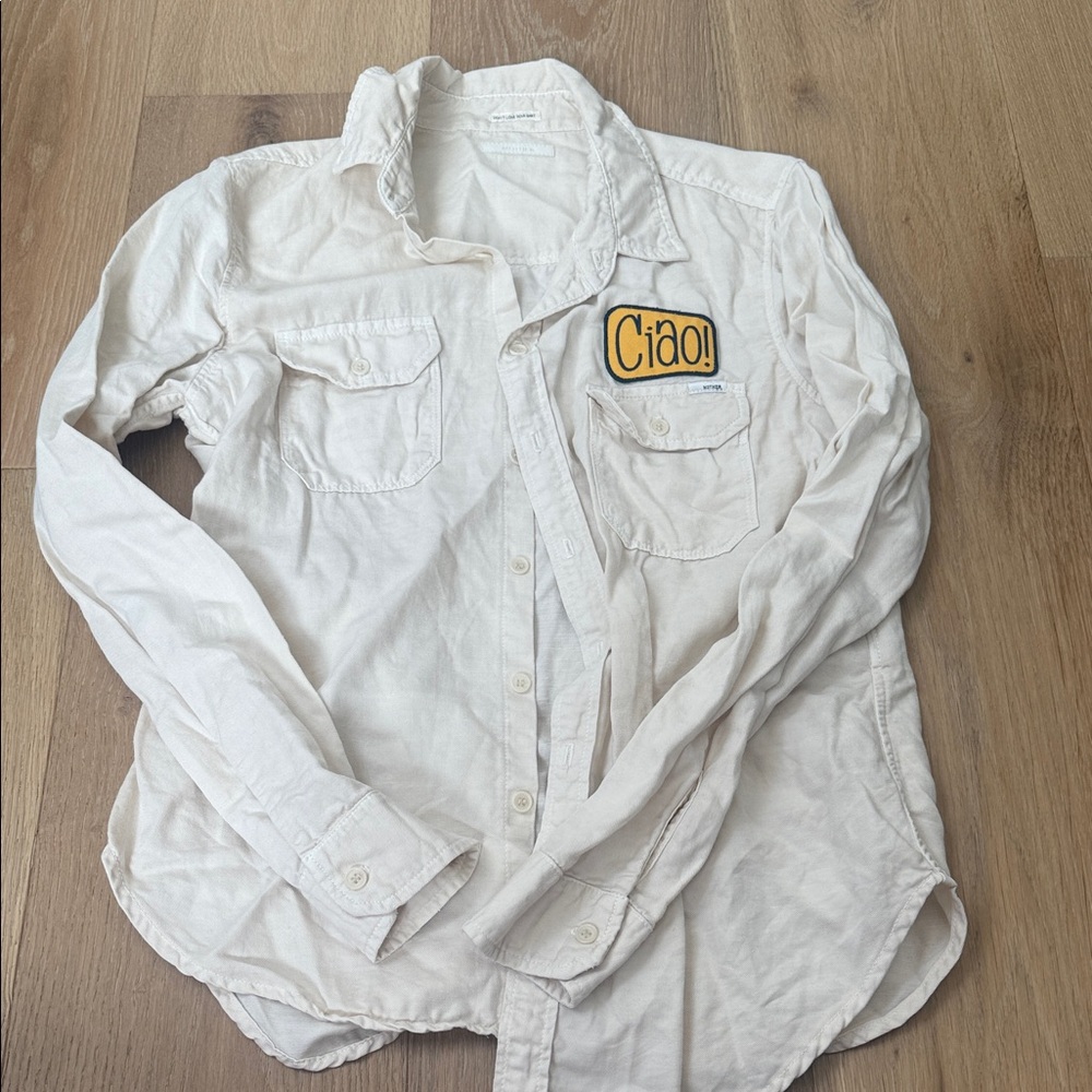 MOTHER White Button-Down Shirt with Yellow 'Ciao!' Patch